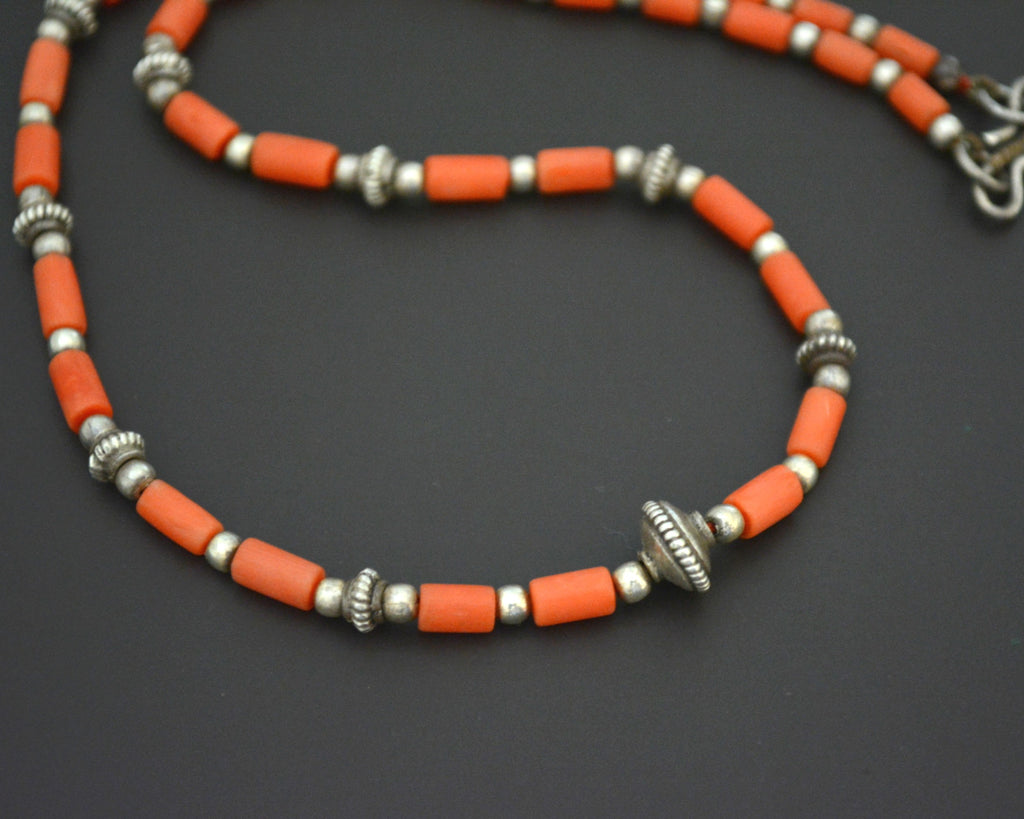 Ethnic Coral Silver Beads Necklace from India