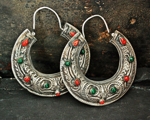 Stunning Ethnic Hoop Earrings with Coral, Carnelian and Malachite