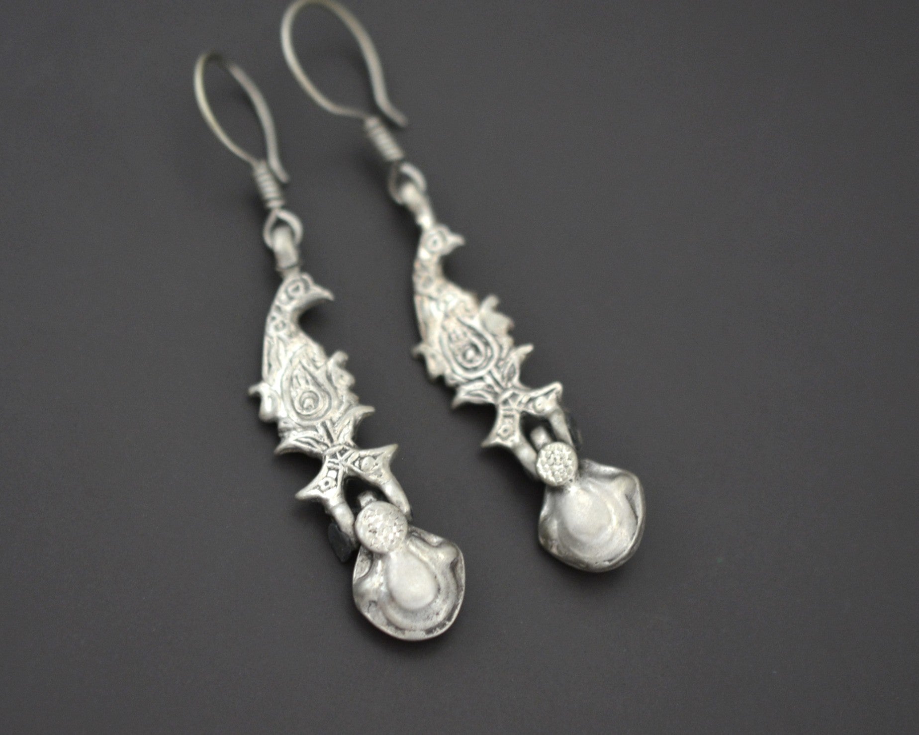 Uzbek Silver Dangle Earrings with Bird
