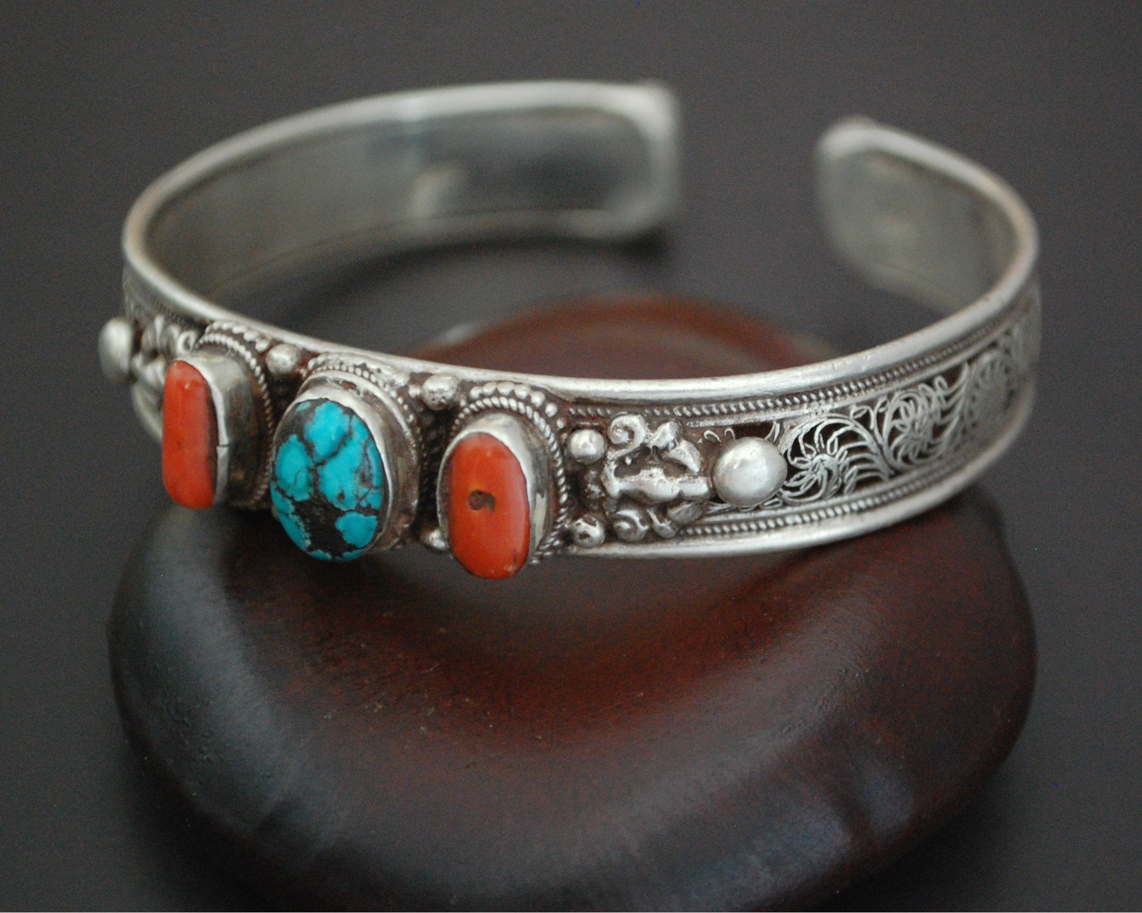 Nepali Turquoise Coral Cuff Bracelet with Filigree Work