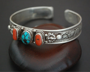 Nepali Turquoise Coral Cuff Bracelet with Filigree Work