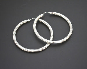 Ethnic Twisted Silver Hoop Earrings - LARGE