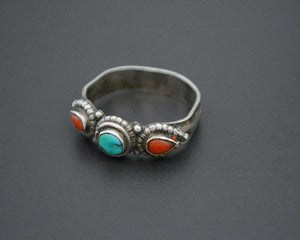 Old Tibetan Coral Turquoise Ring - Size 8