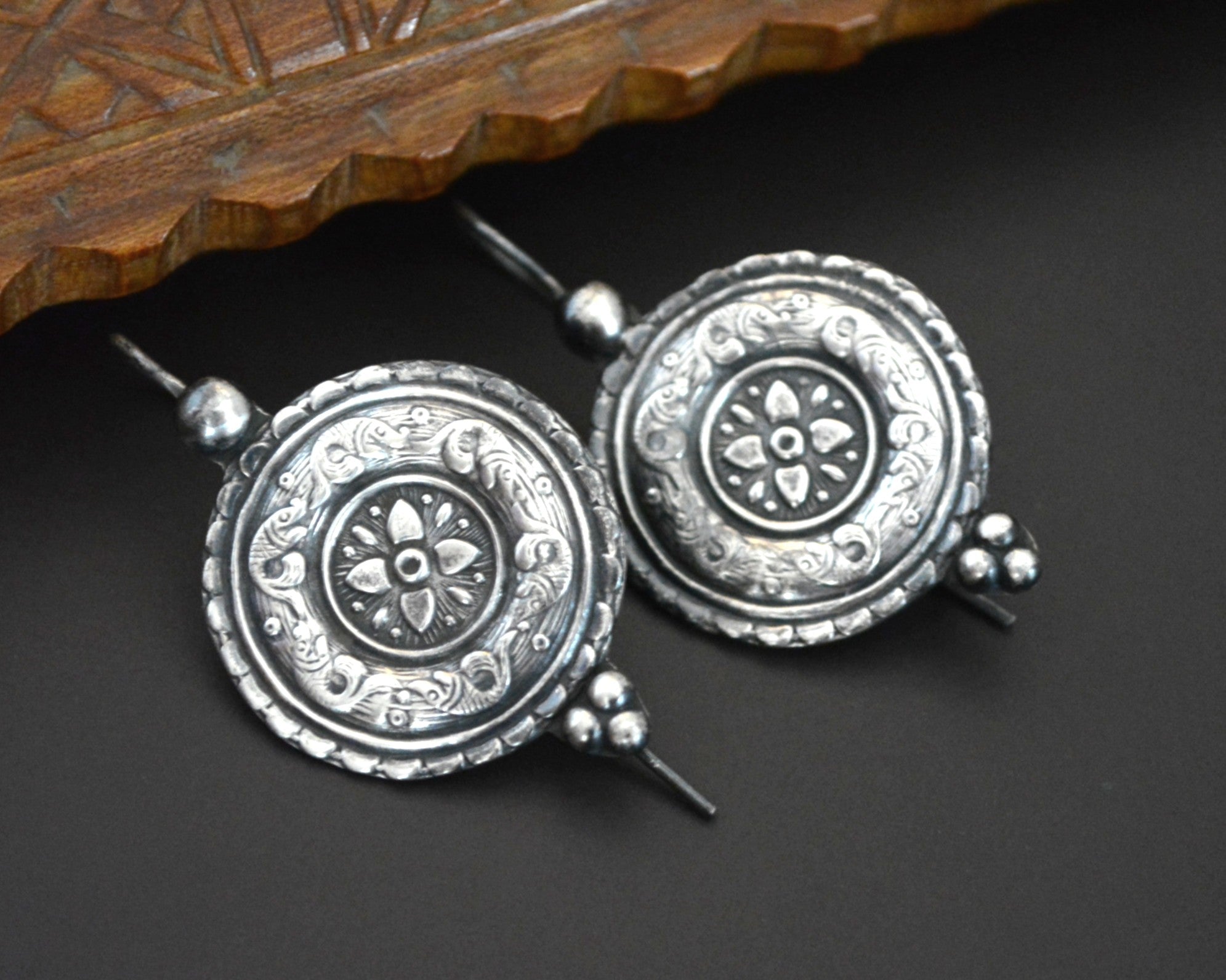 Ethnic Disc Earrings - Sterling Silver