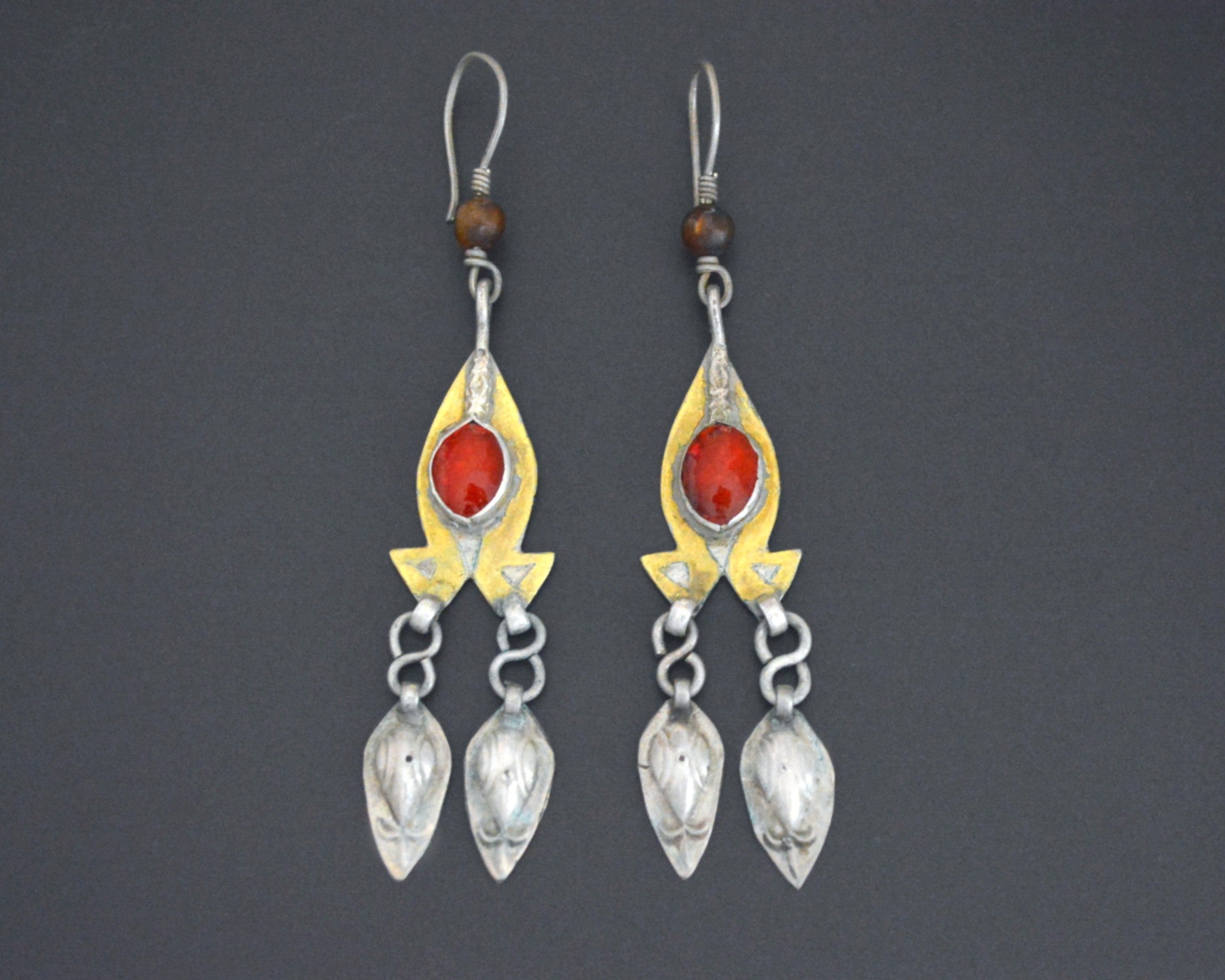 Long Turkmen Gilded Dangle Earrings with Glass