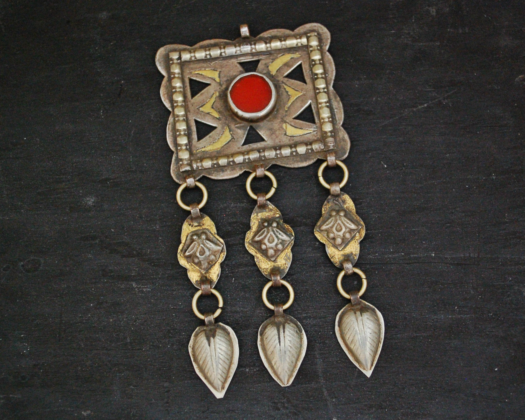 Antique Turkmen Pendant with Carnelian and Dangles