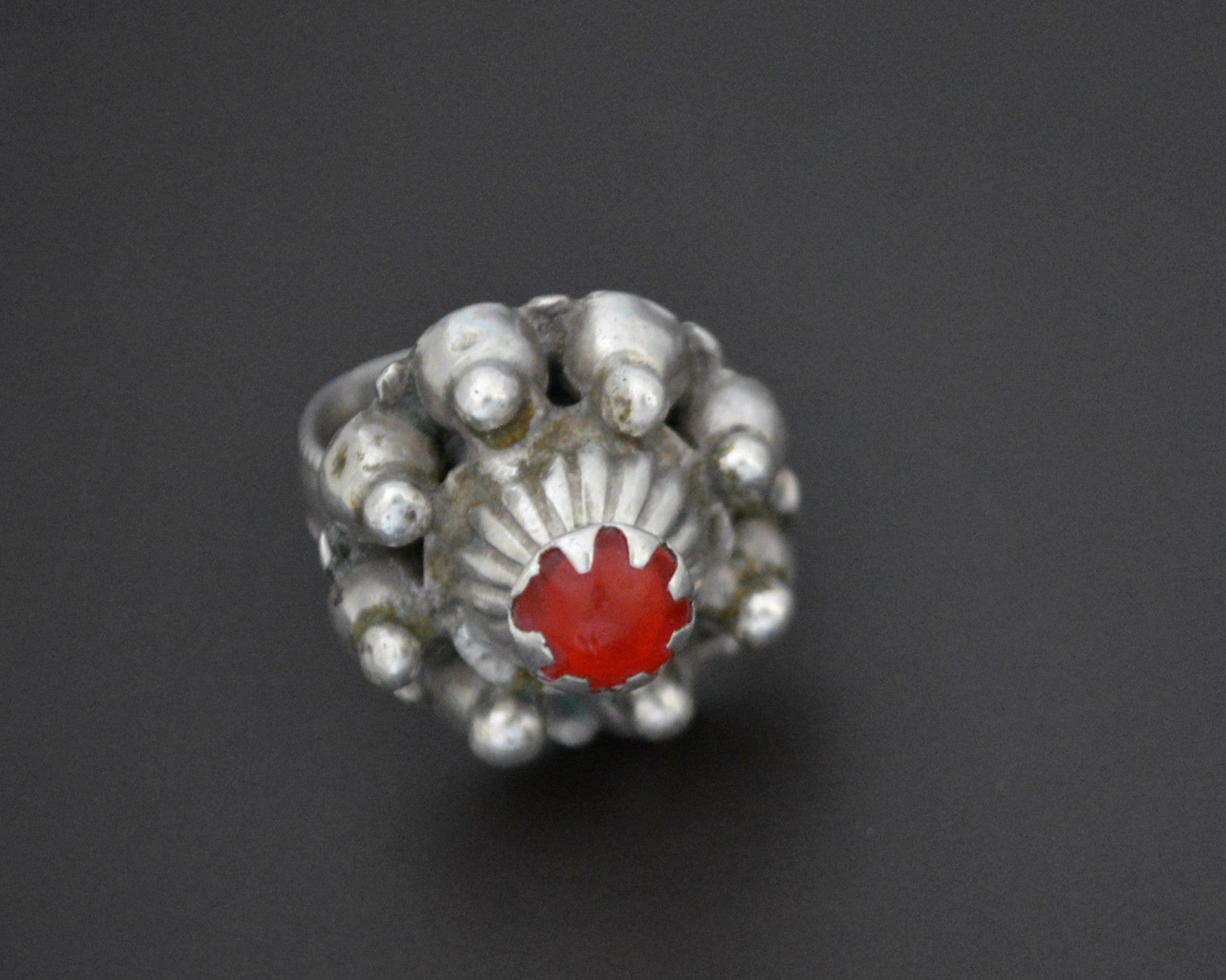 Pashtun Silver Ring with Red Glass - Size 8.5