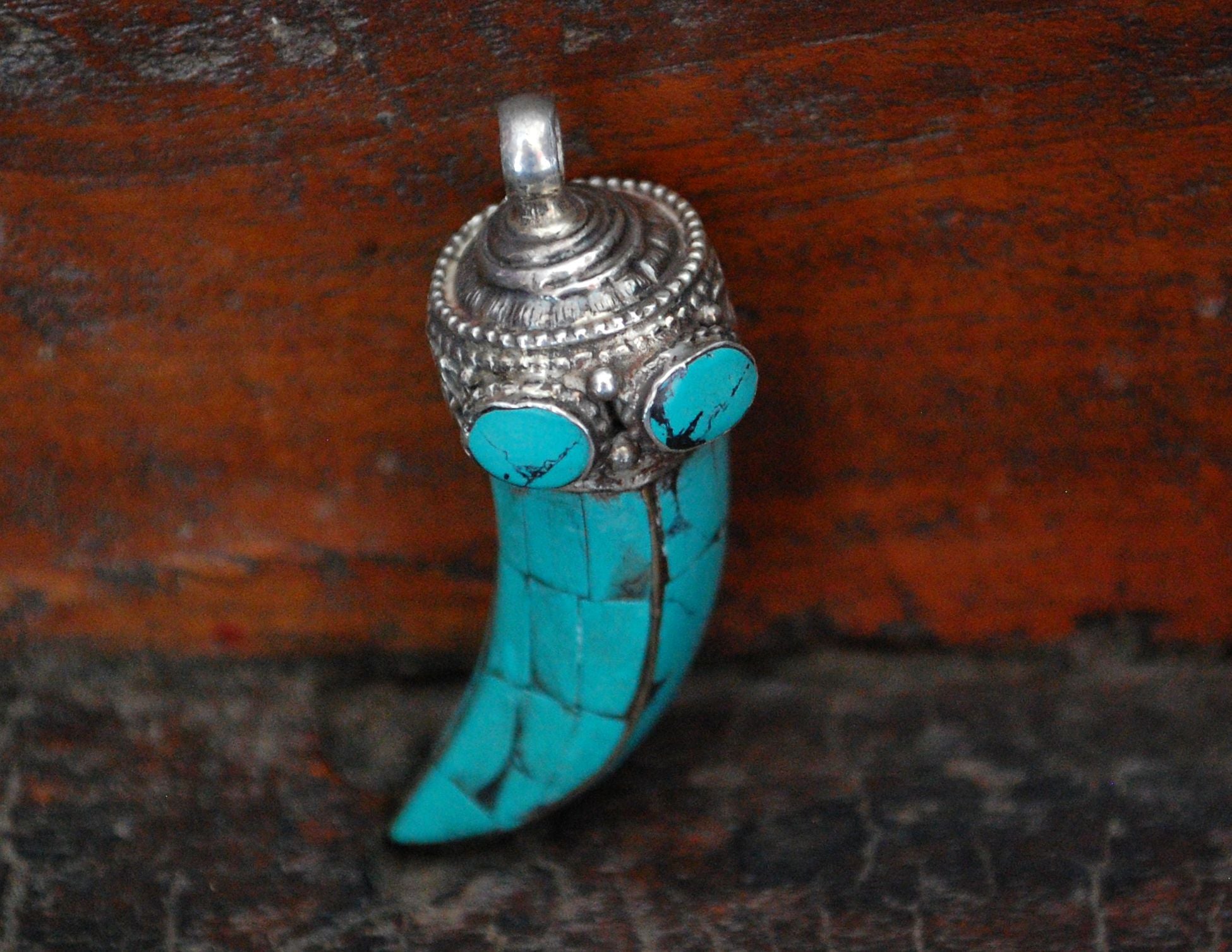 Nepalese Turquoise Tooth Pendant with Silver Cap