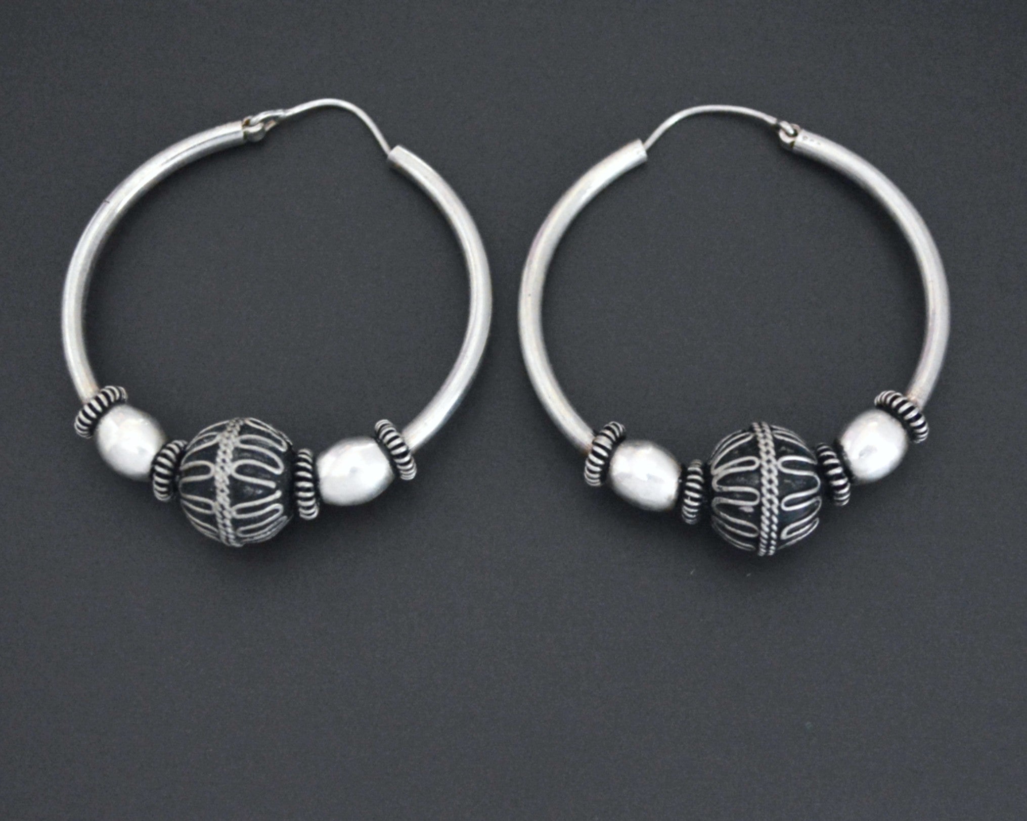 Large Ethnic Bali Hoop Earrings with Wire Work and Bead