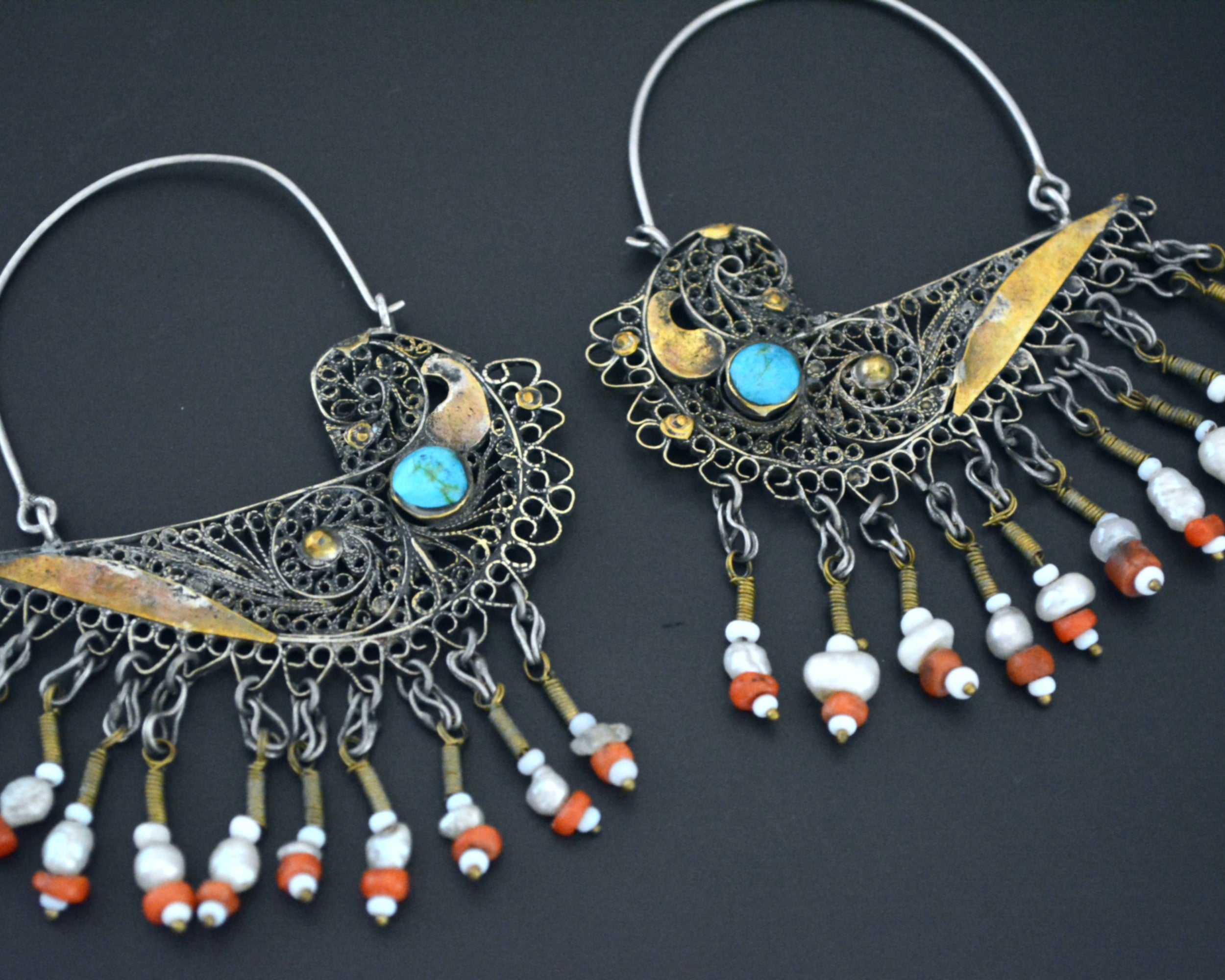 Uzbek Gilded Bird Earrings with Turquoise, Coral and Pearls