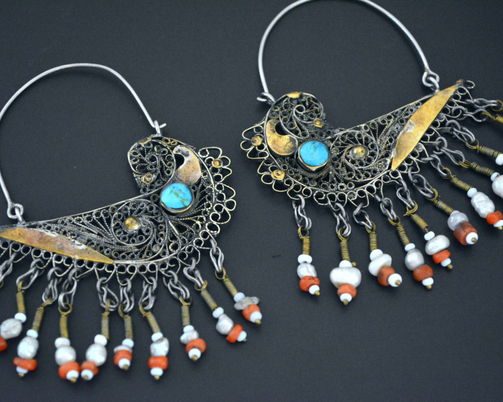 Uzbek Gilded Bird Earrings with Turquoise, Coral and Pearls