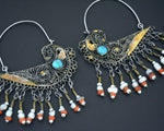 Uzbek Gilded Bird Earrings with Turquoise, Coral and Pearls