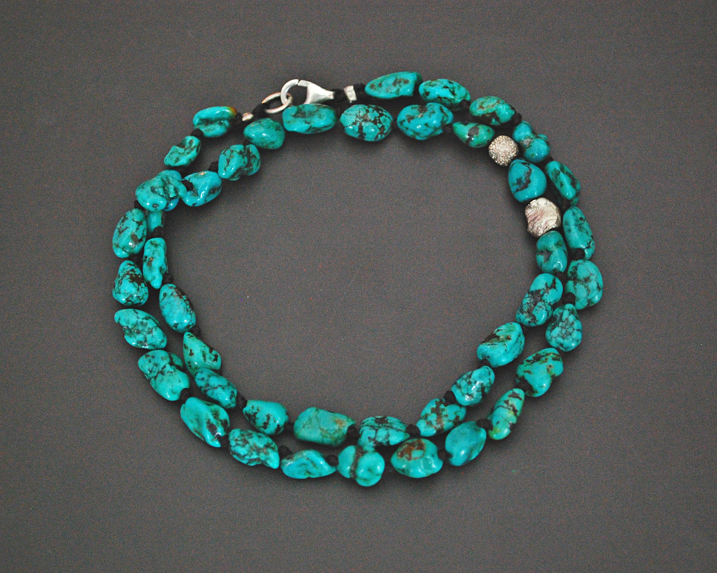 Knotted Turquoise Nugget Necklace with Silver Beads