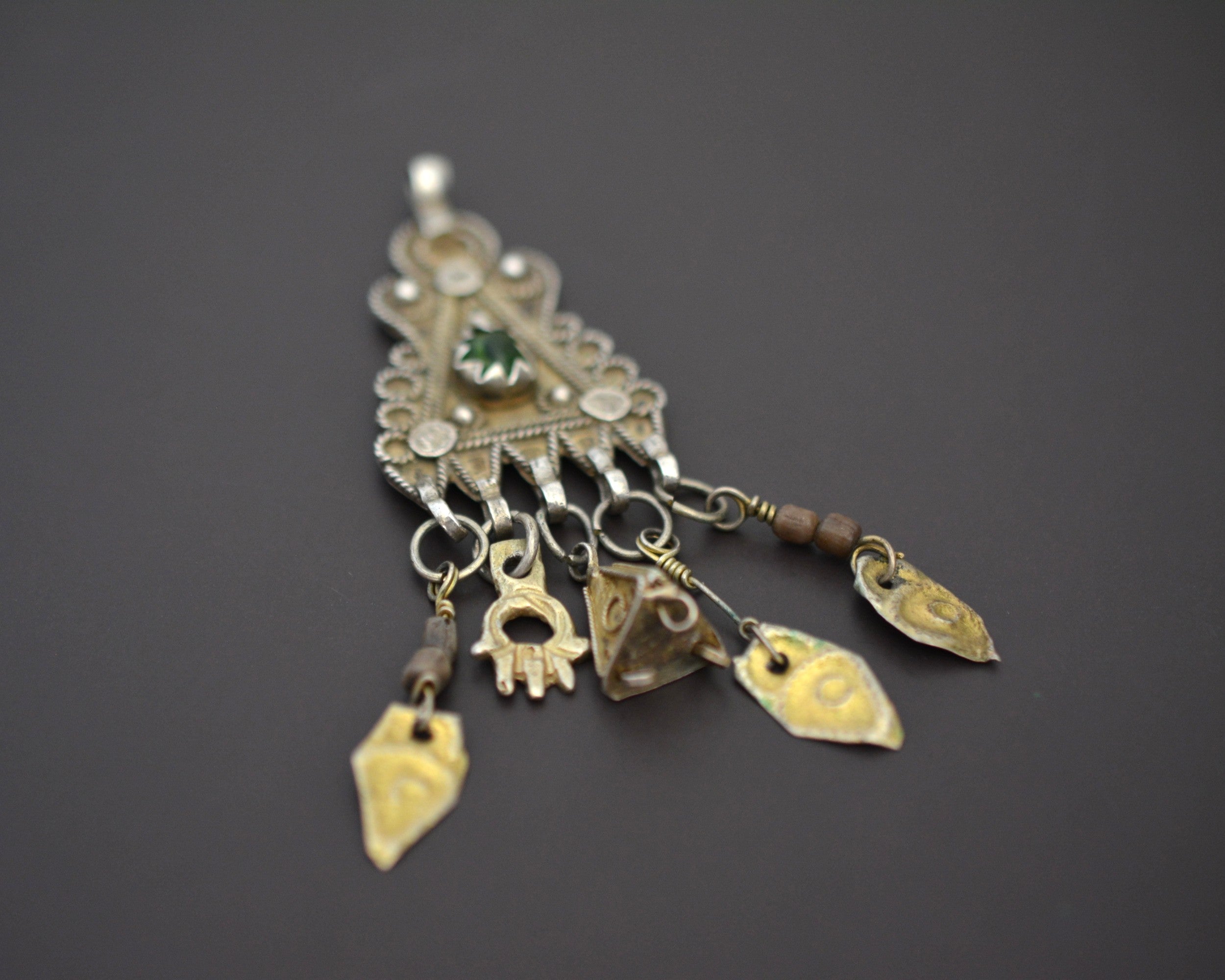 Tunisian Silver Gilded Berber Pendant with Green Glass and Dangles