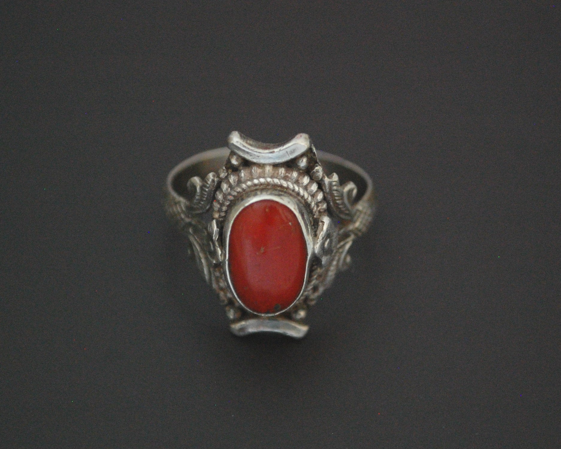 Vintage Nepali Coral Saddle Ring - Size 8