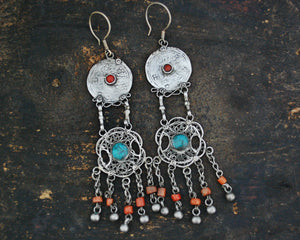 Long Uzbek Coral Turquoise Filigree Earrings