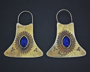Ethnic Gilded Lapis Lazuli Earrings with Engravings
