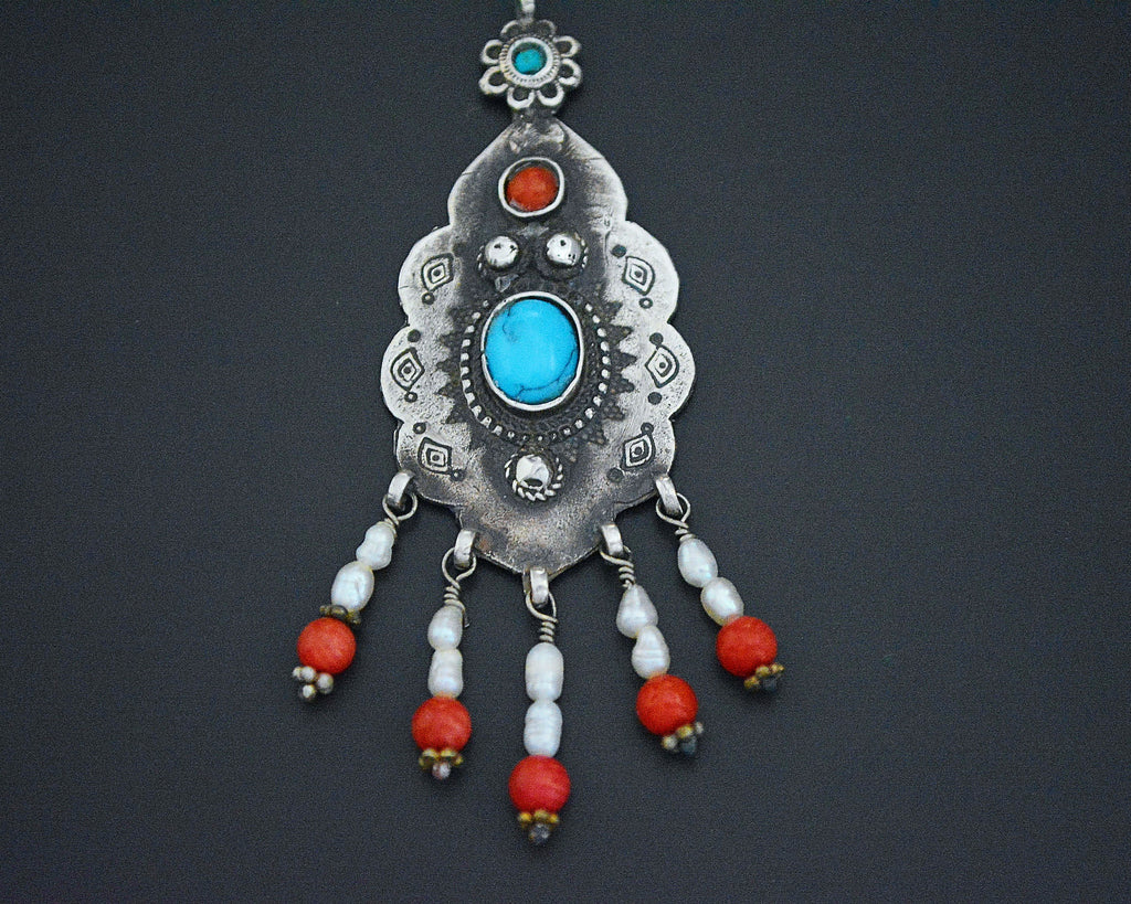 Gorgeous Uzbek Turquoise, Pearl and Coral Pendant