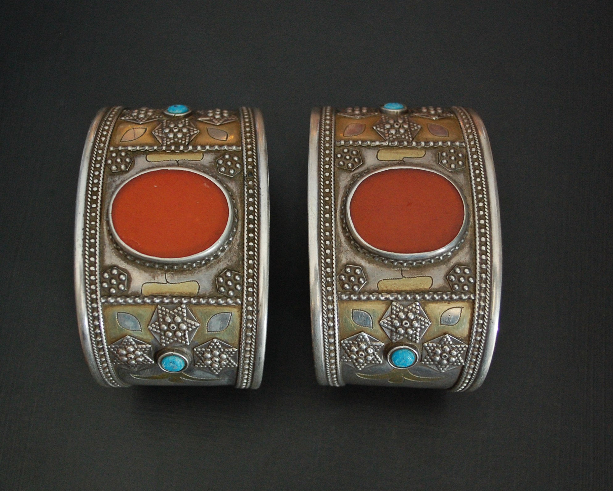 Pair Turkmen Carnelian Turquoise Cuff Bracelet