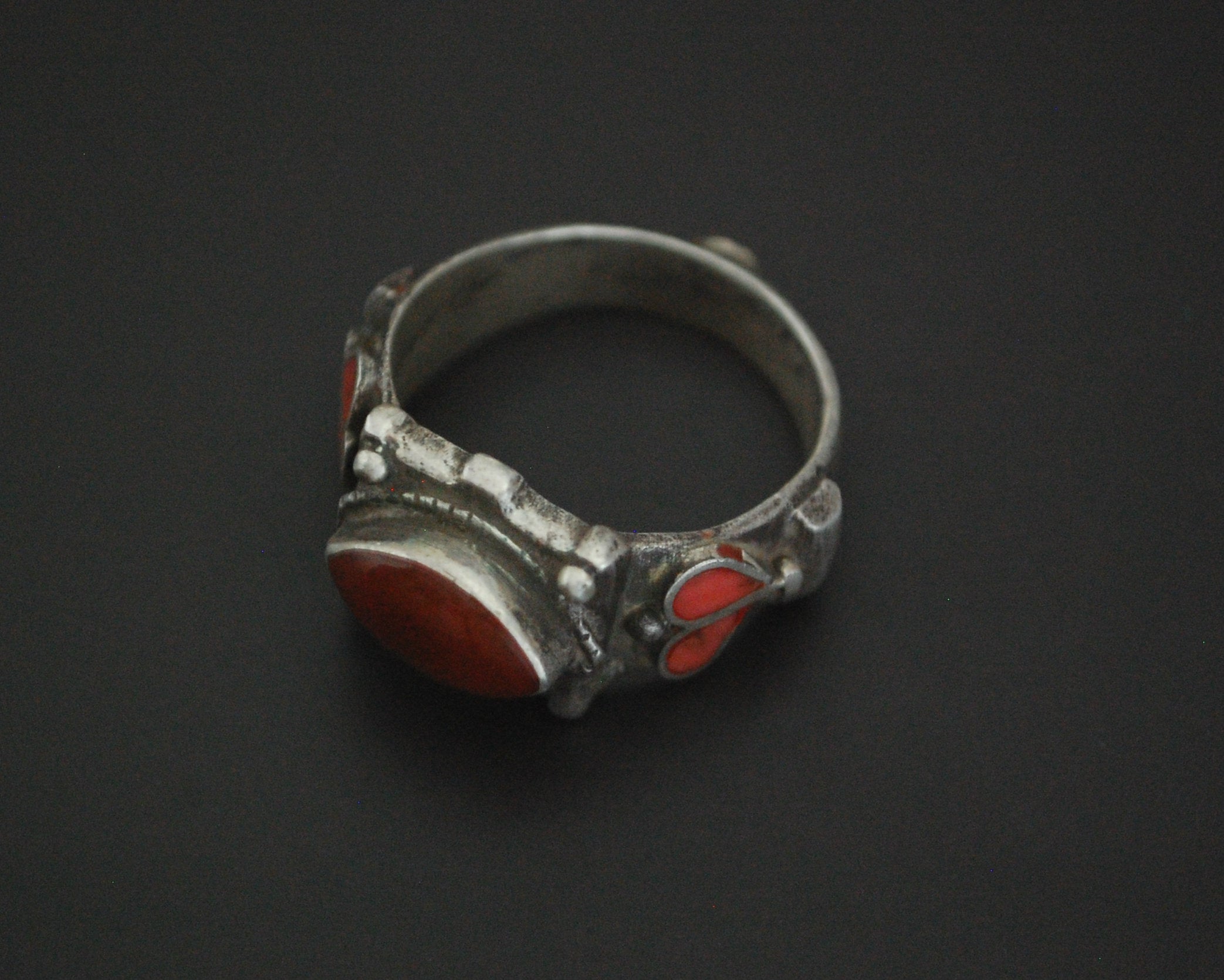 Old Afghani Coral and Carnelian Ring - Size 10.5