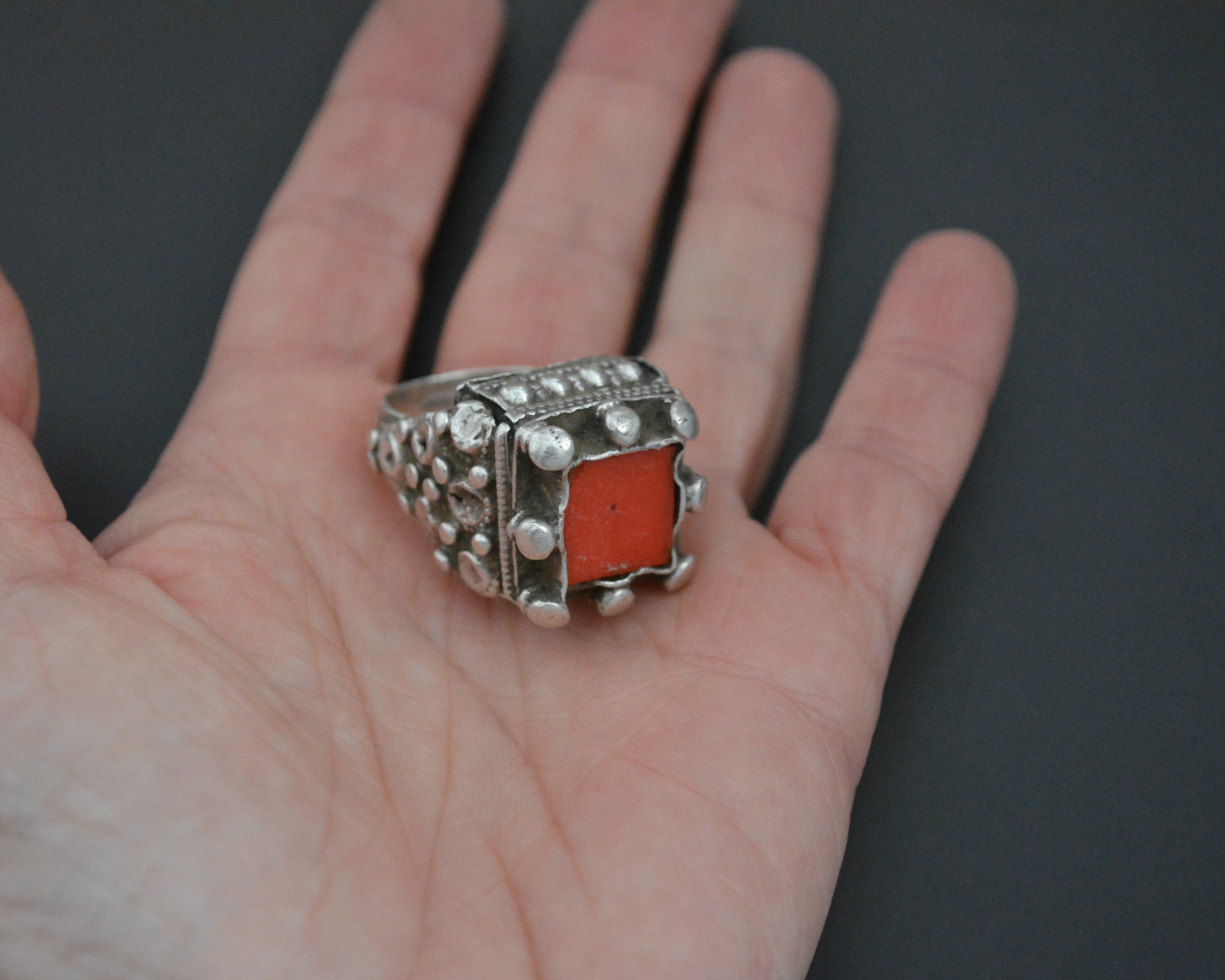 Pashtun Silver Ring with Red Glass - Size 7.5
