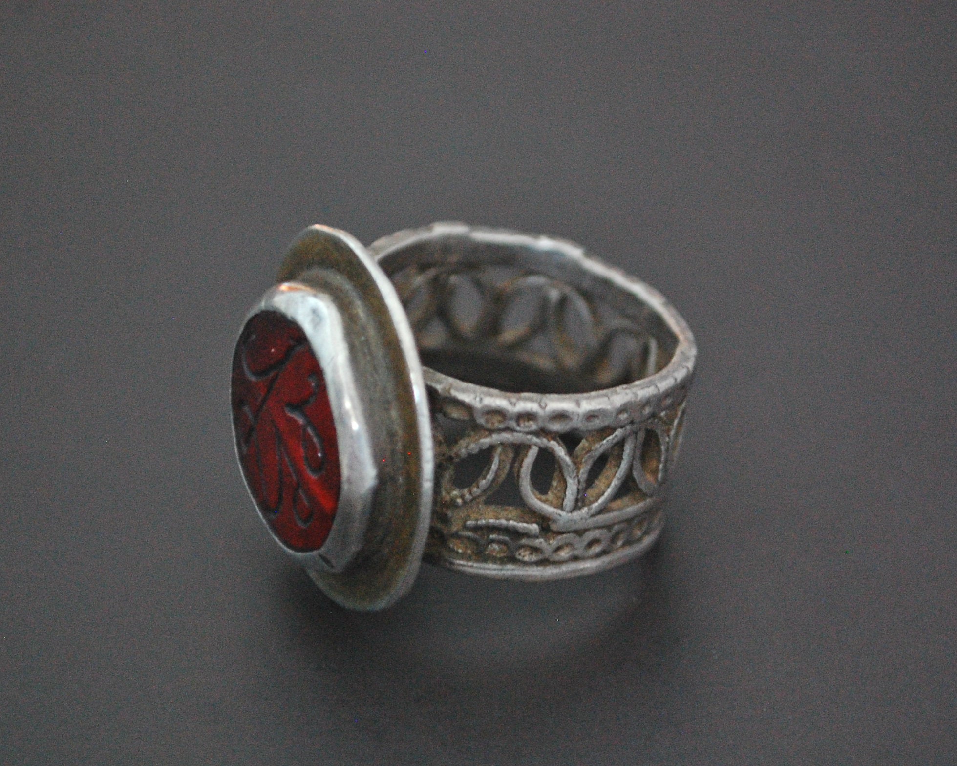 Afghani Silver Ring with Red Glass and Ornate Band - Size 7.5