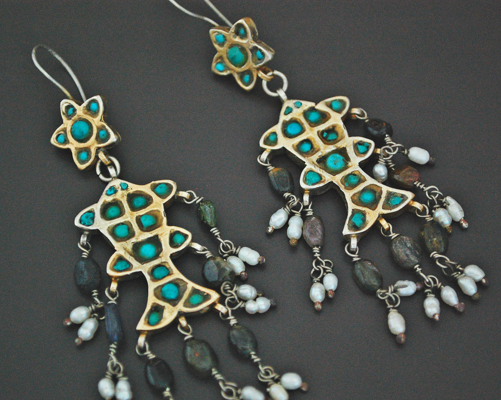 Long Uzbek Gilded Turquoise Pearl Earrings