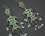 Long Uzbek Gilded Turquoise Pearl Earrings