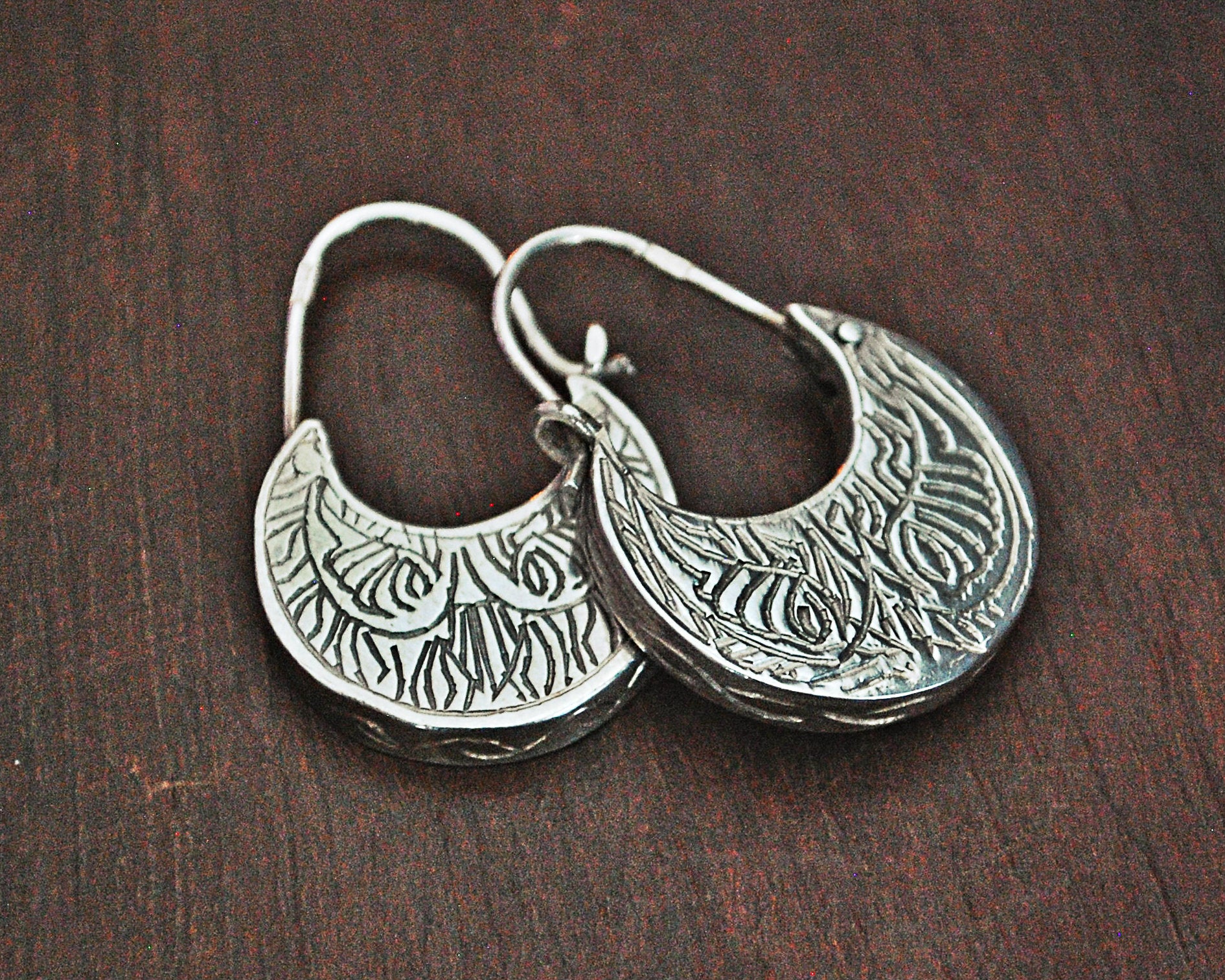 Ethnic Sterling Silver Carved Hoop Earrings