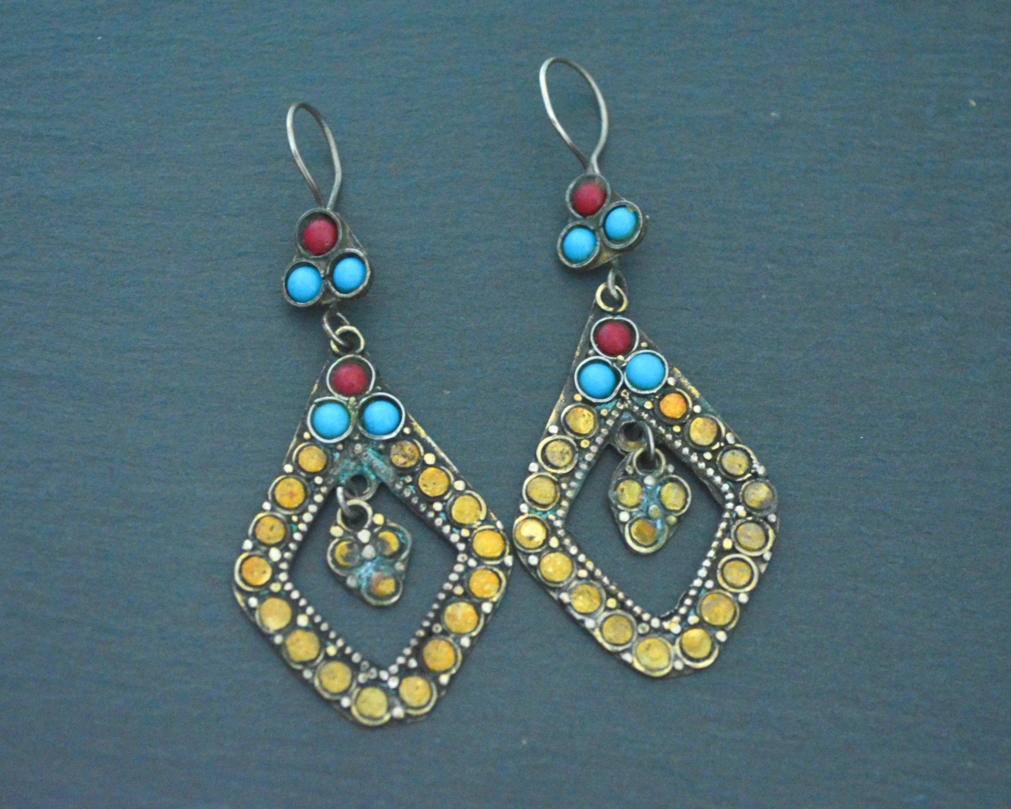 Afghani Silver Gilded Earrings Stones