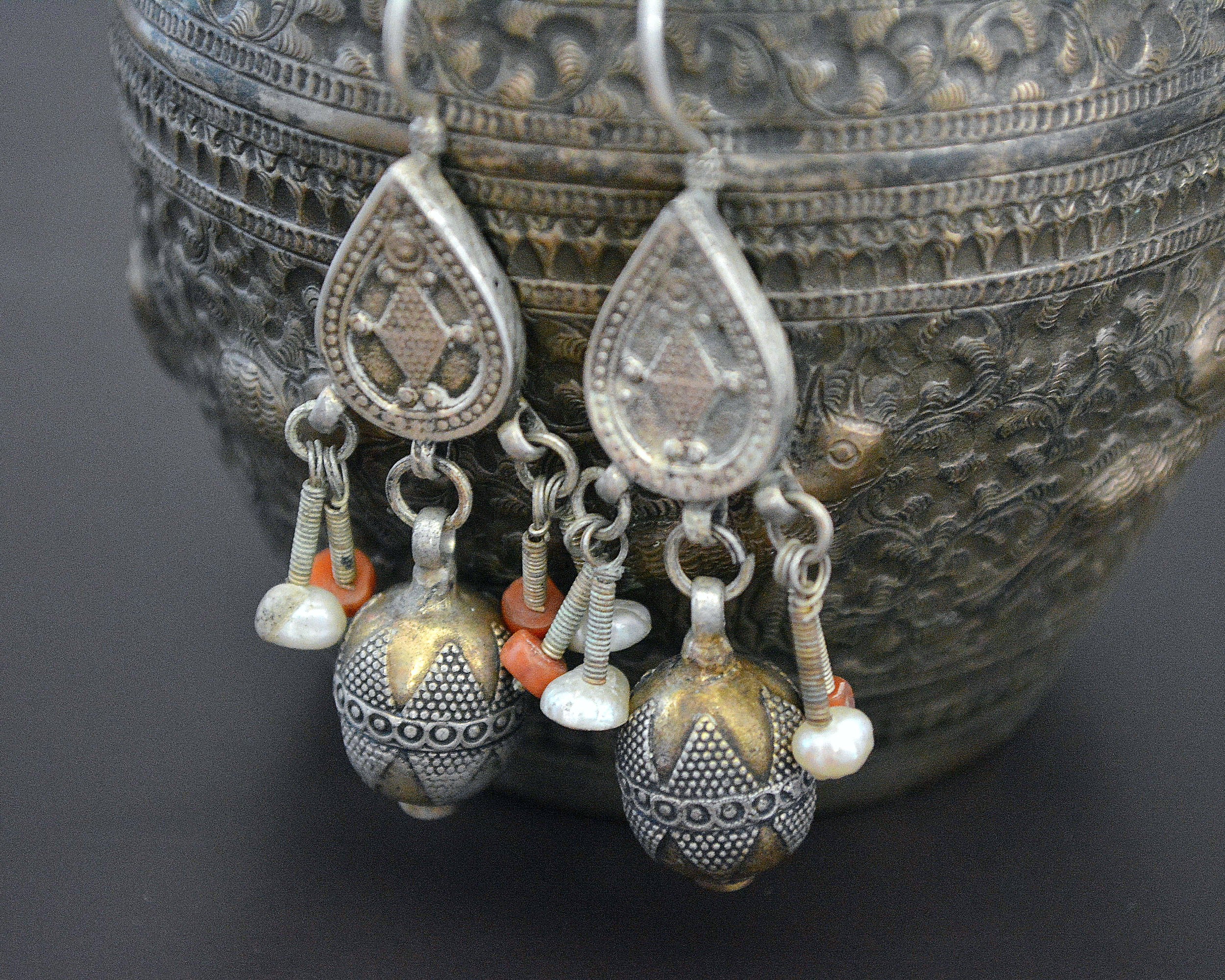Vintage Kazakh Earrings with Coral and Pearls