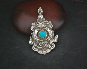 Nepali Turquoise Pendant with Fish, Conch Shell and Infinite Knot