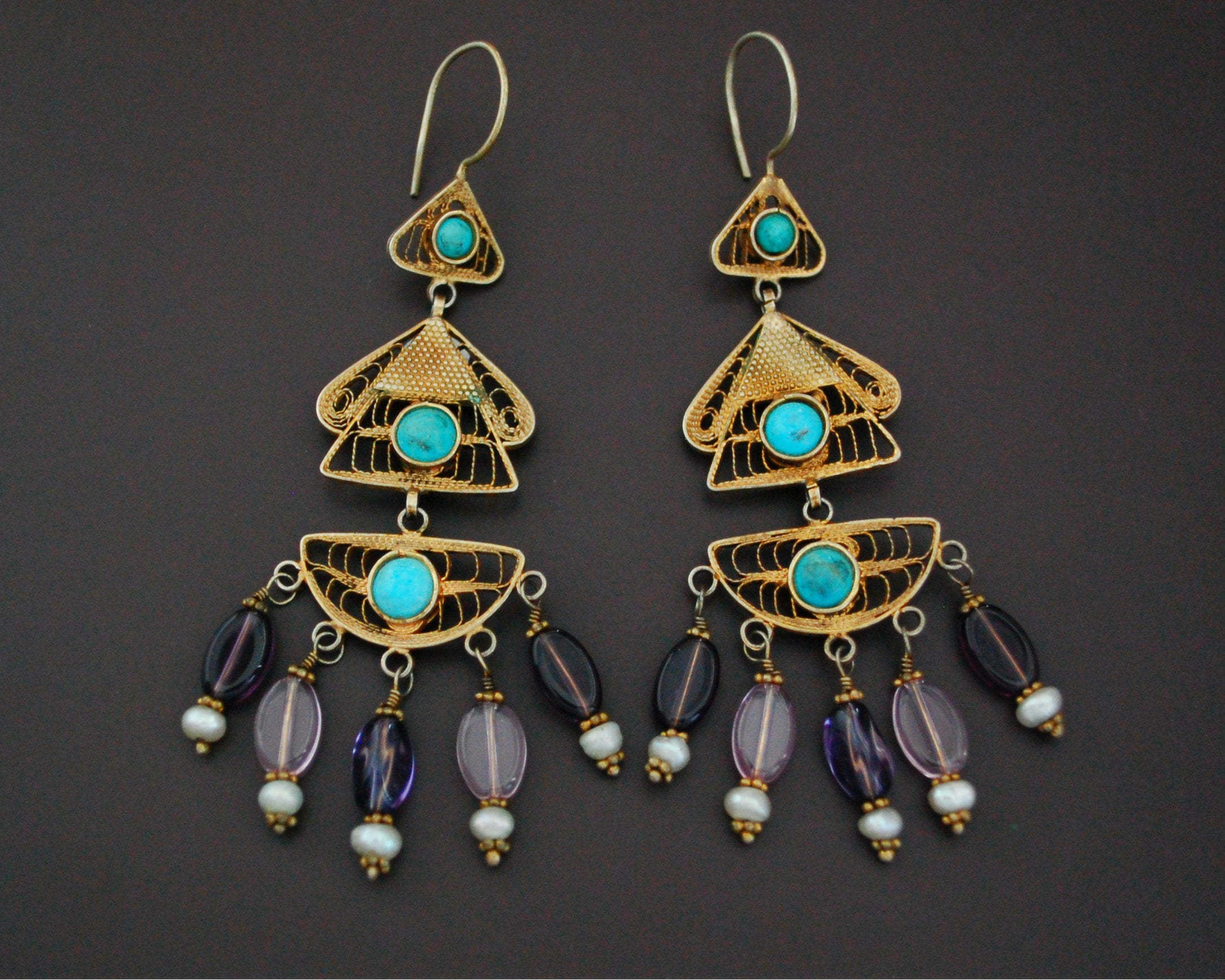 Gilded Uzbek Filigree Gemstone Earrings