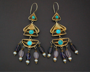 Gilded Uzbek Filigree Gemstone Earrings