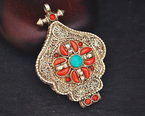 Nepali Gau Prayer Box Pendant with Coral and Turquoise