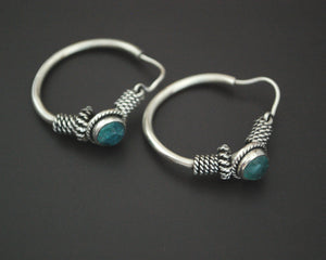 Ethnic Bali Hoop Earrings with Blue Stone
