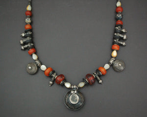 Ethnic Amber Mother of Pearl Silver Beads Necklace