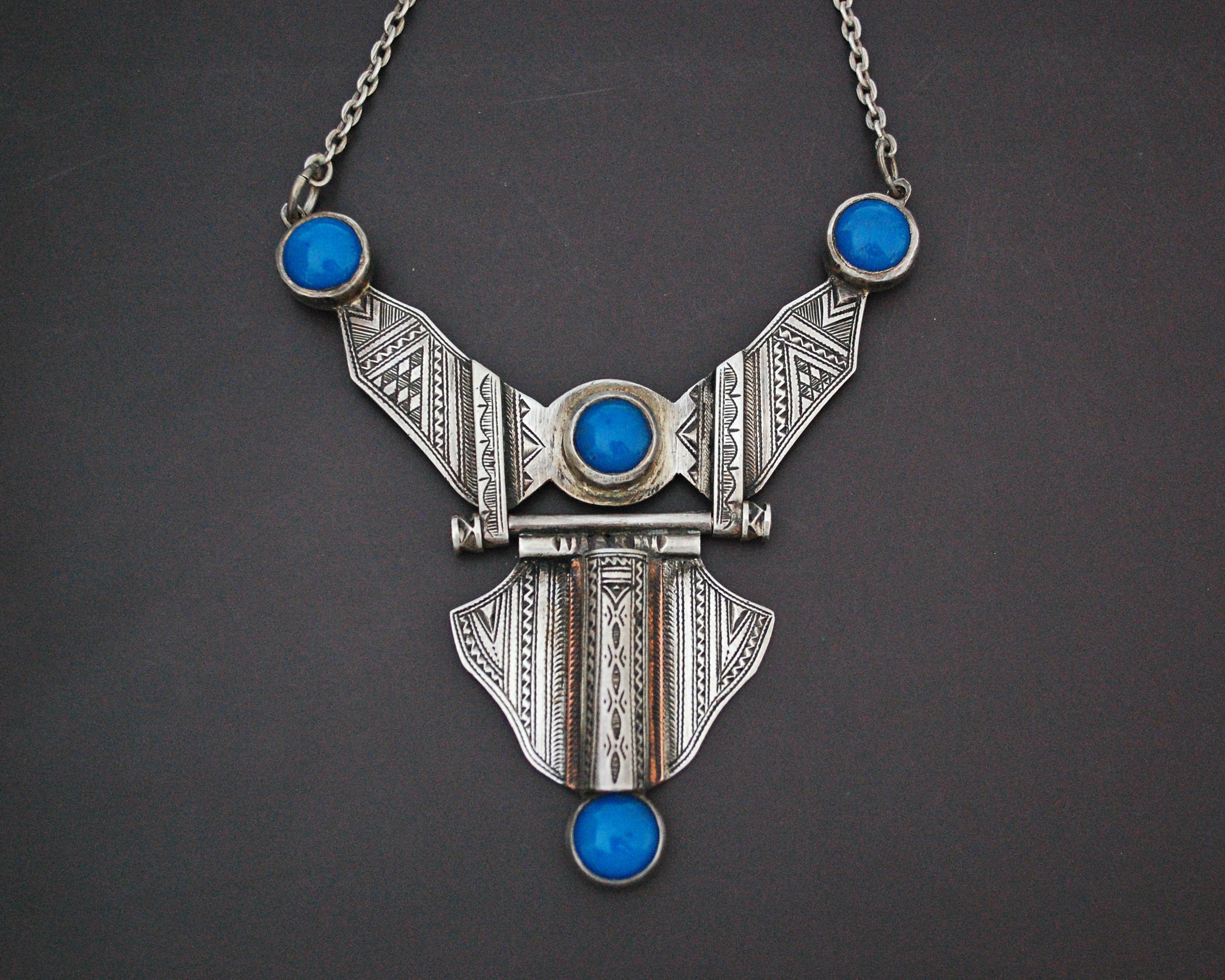 Tuareg Blue Beads Carved Pendant Necklace