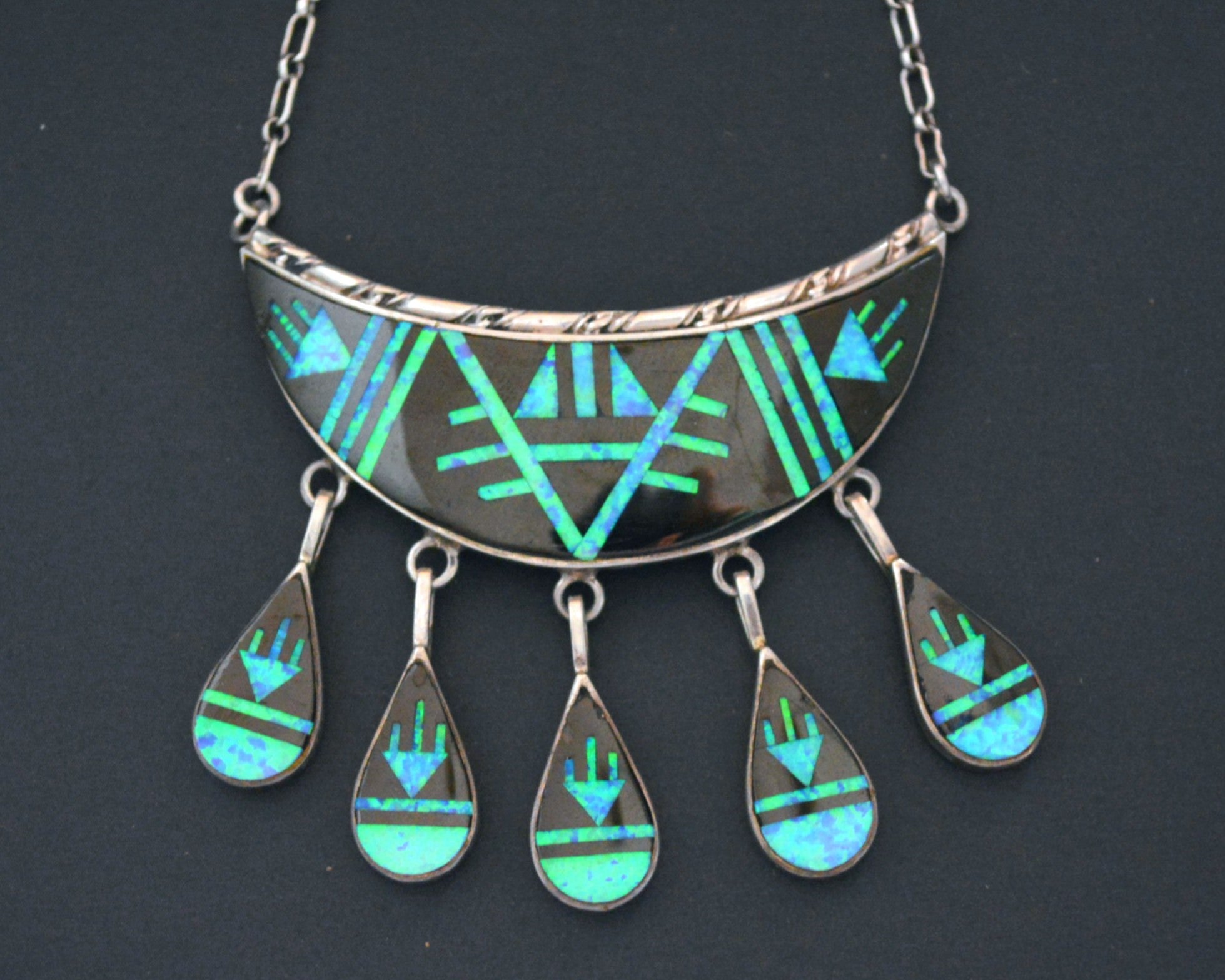 Zuni Onyx Opal Crescent Necklace with Dangles