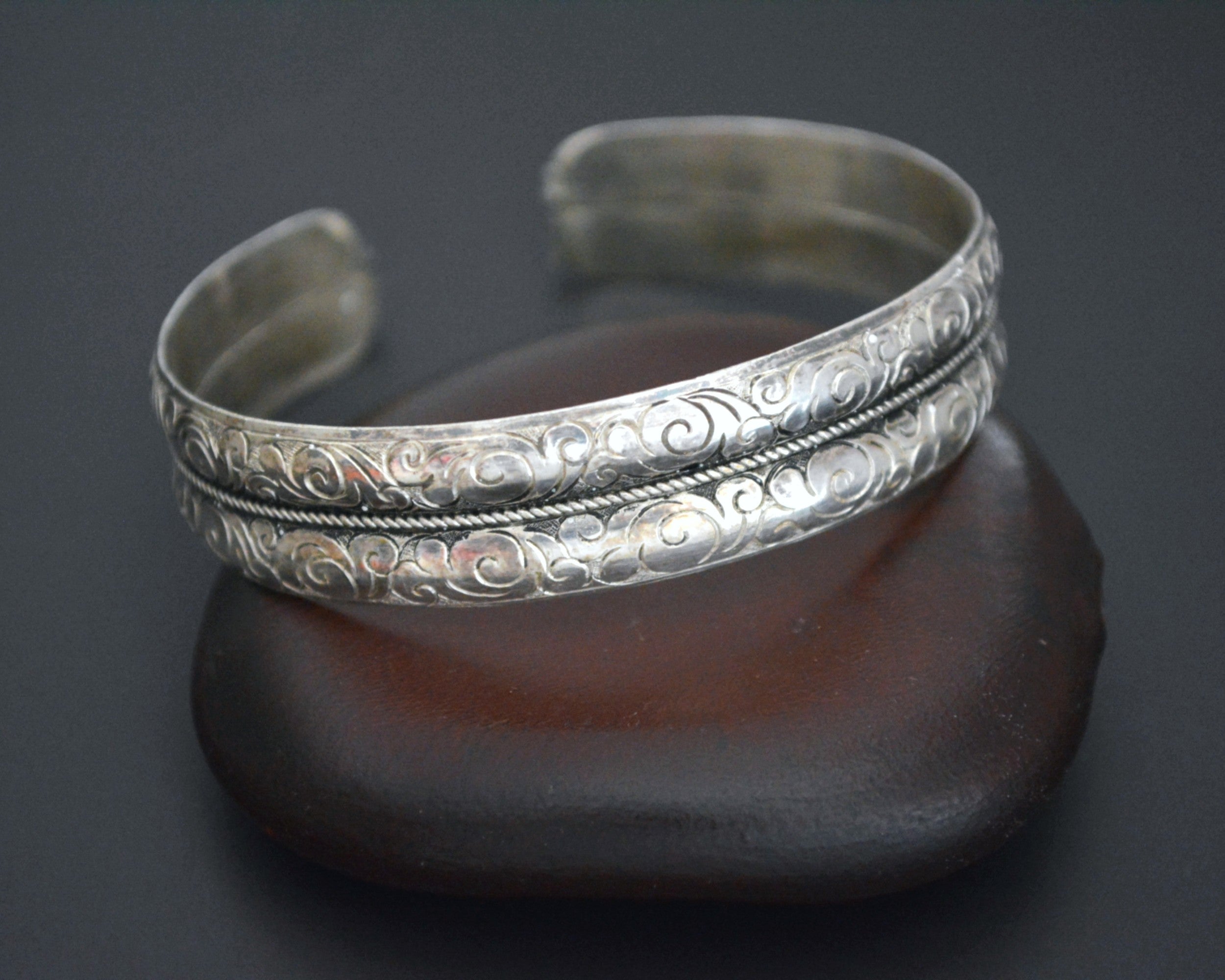 Nepali Silver Cuff Bracelet with Carvings