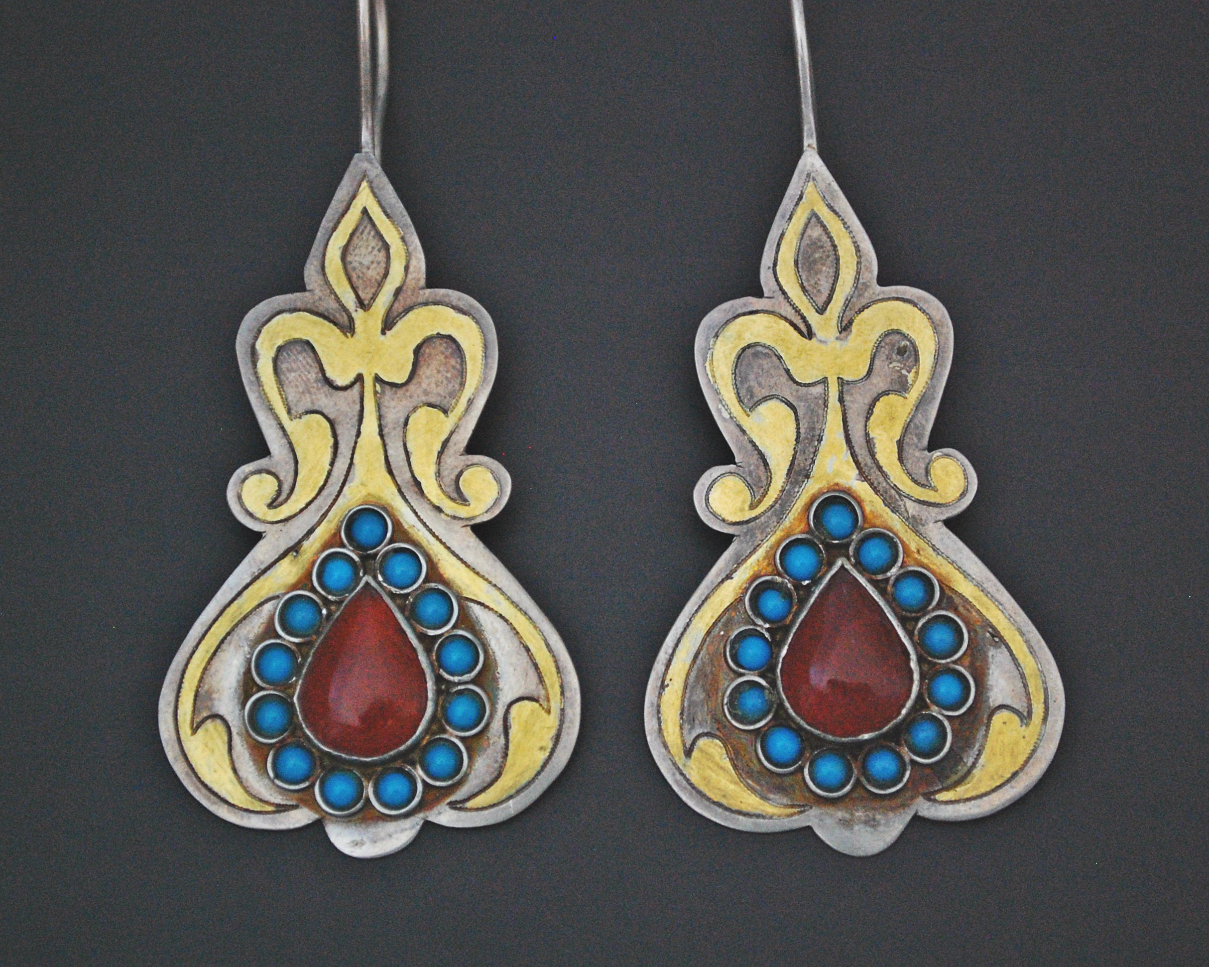 Vintage Turkmen Earrings with Carnelian and Turquoise