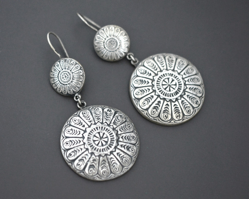 Large Indian Silver Disc Dangle Earrings