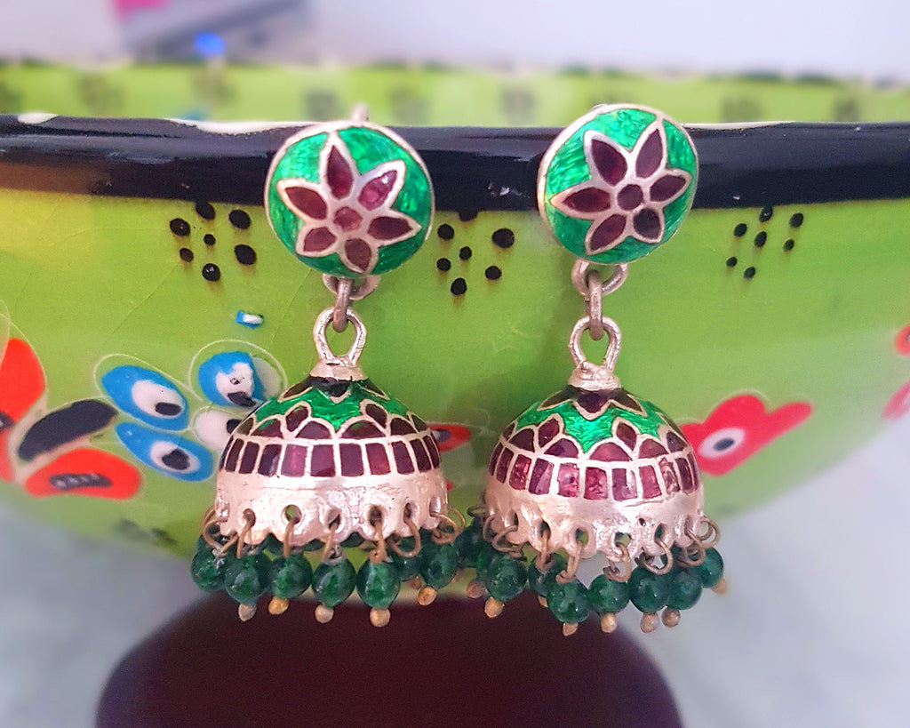 Indian Enamel Jhumka Silver Earrings