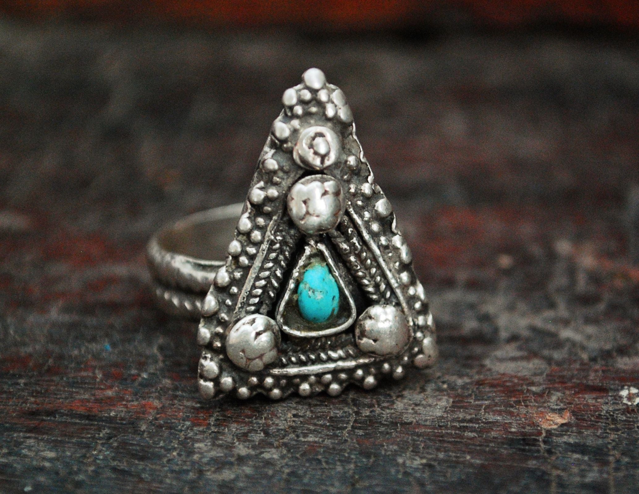 Antique Afghani Silver Ring with Turquoise - Size 8