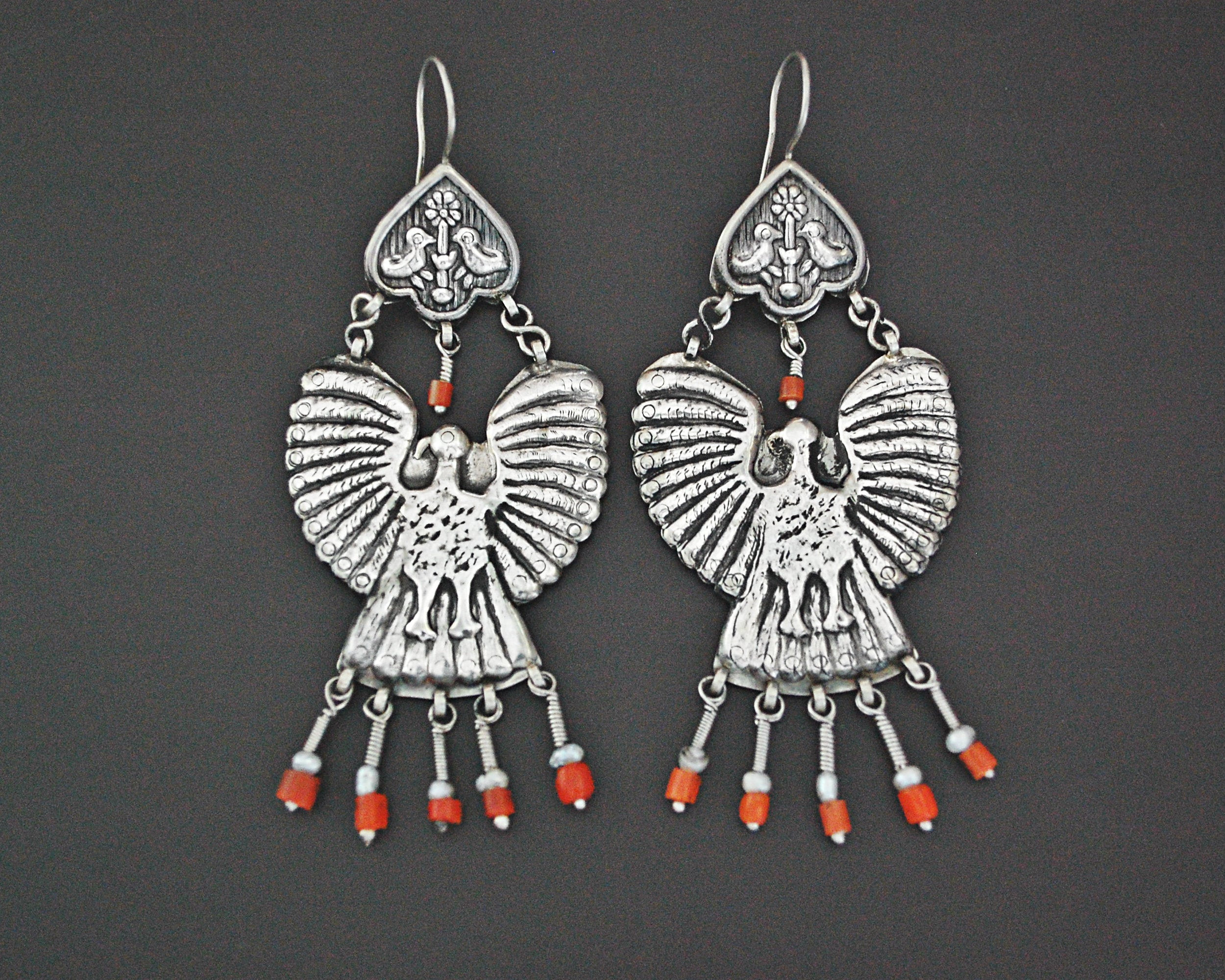 Uzbek Coral Earrings with Bird