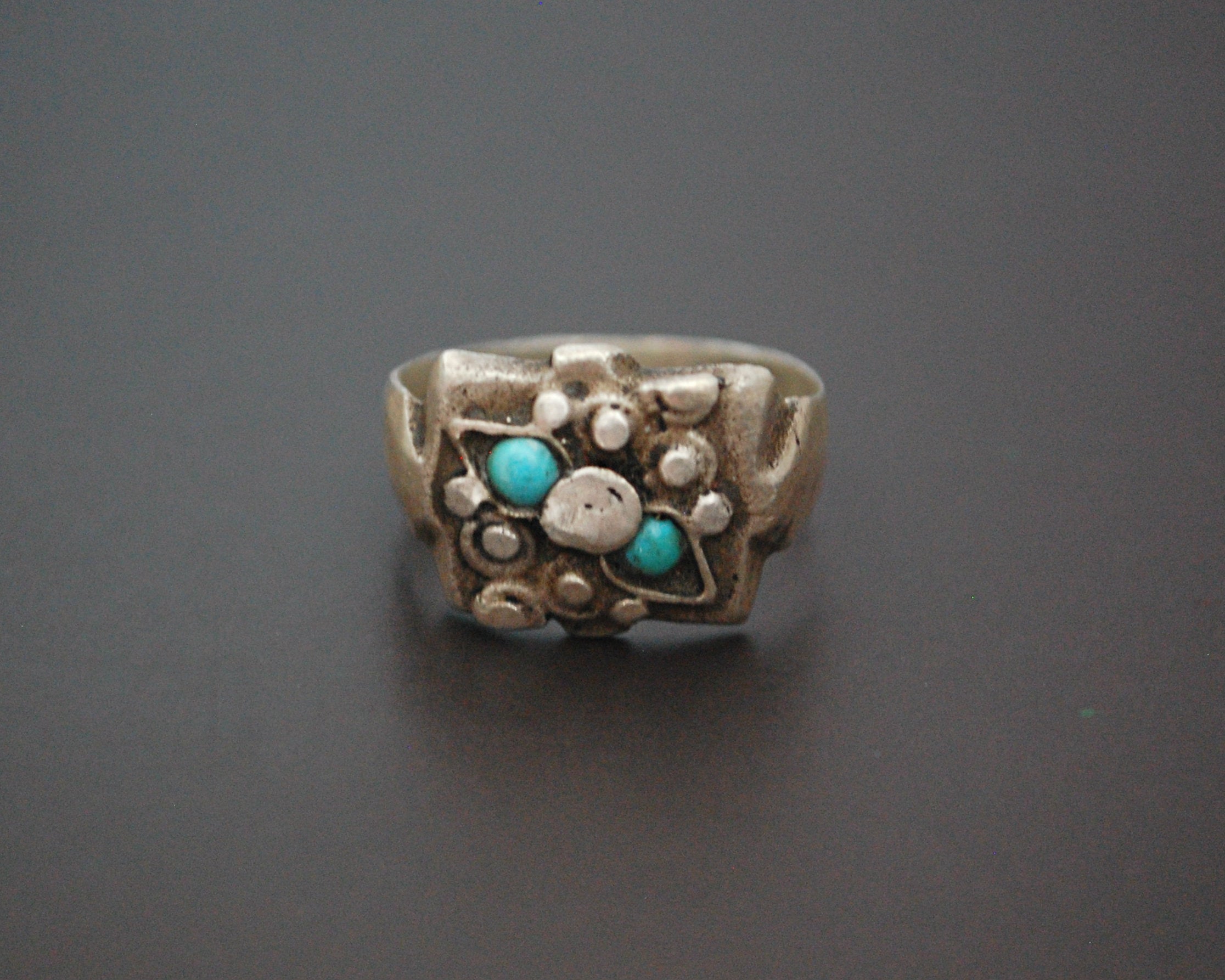 Old Afghani Silver Turquoise Ring - Size 8.5