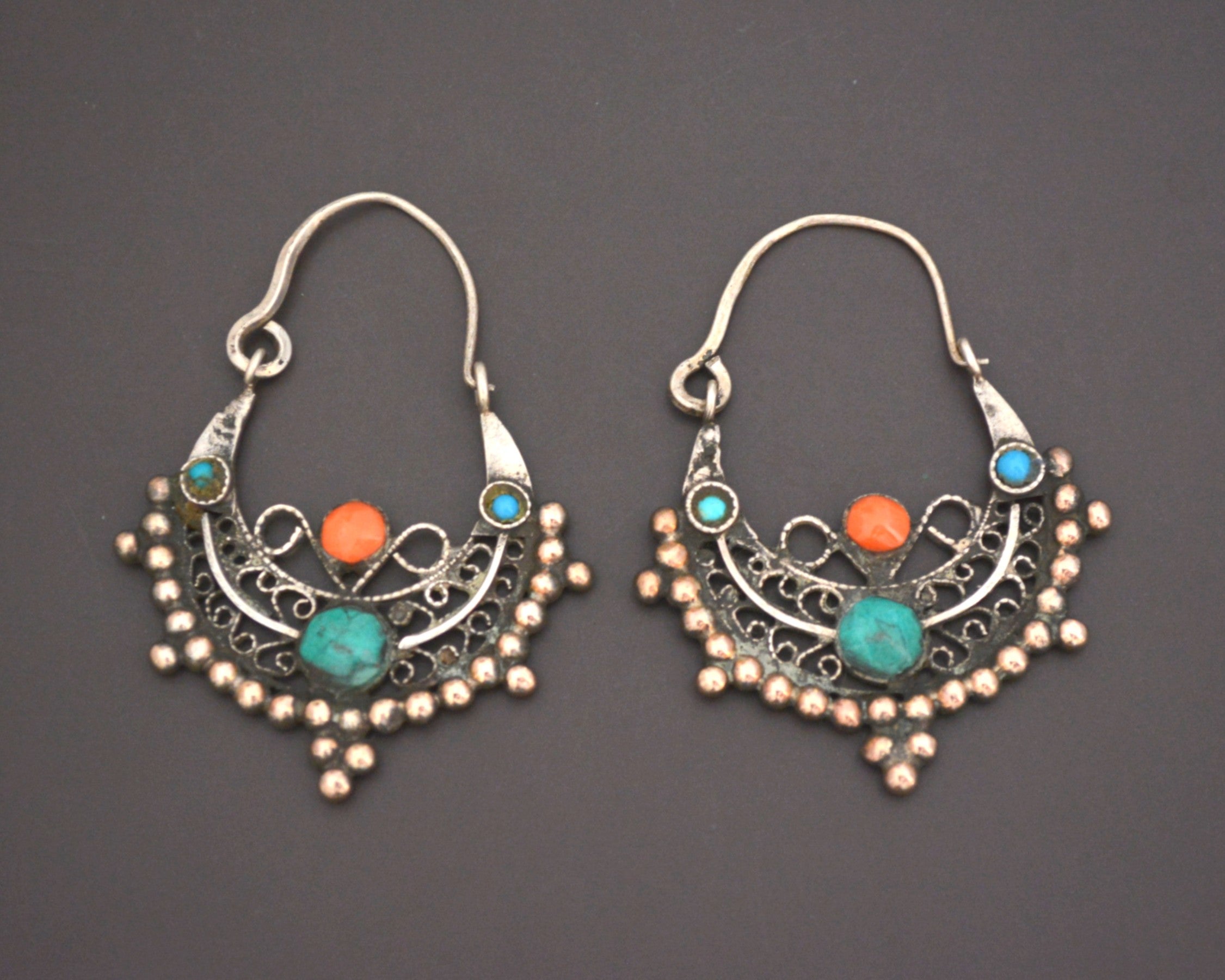 Afghani Hoop Earrings with Turquoise and Coral