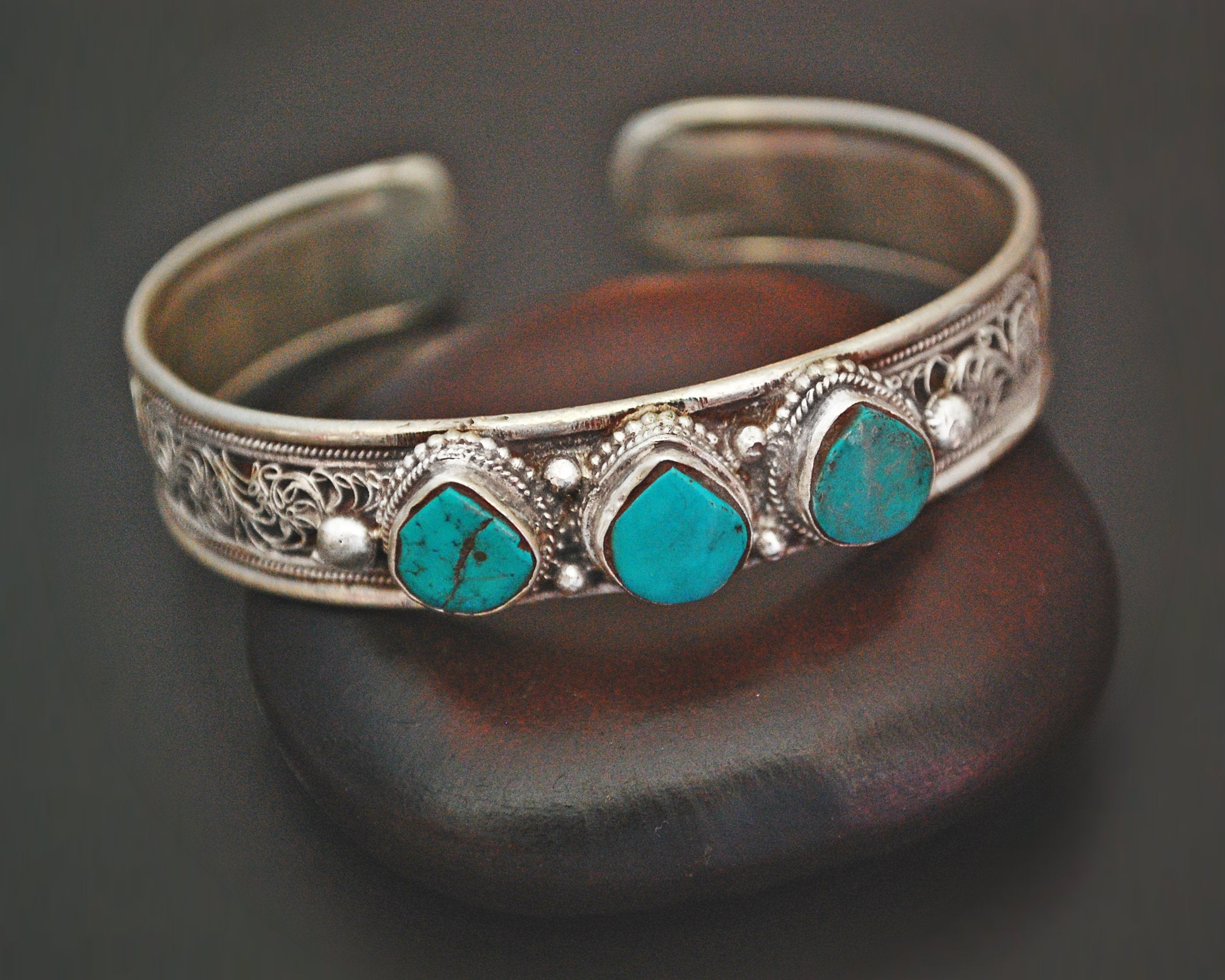 Nepali Turquoise Cuff Bracelet with Filigree