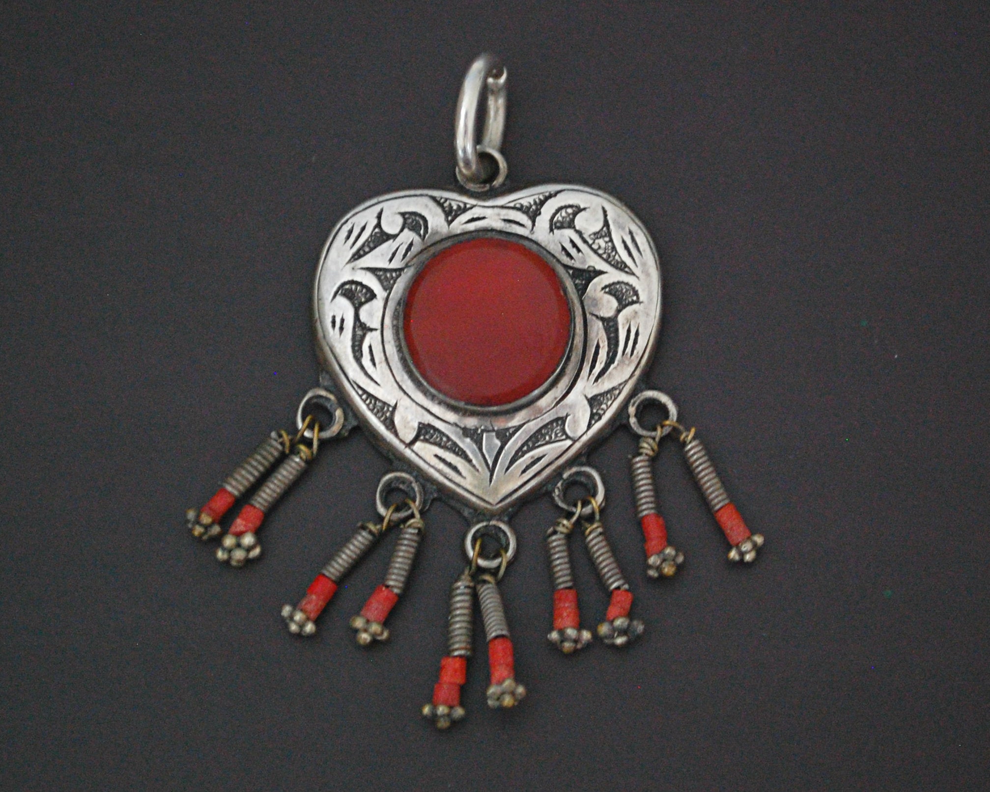 Turkmen Carnelian Heart Shaped Pendant with Coral Dangles
