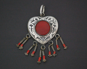 Turkmen Carnelian Heart Shaped Pendant with Coral Dangles